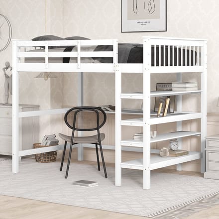 Merax Tweepersoonsbed Hoogslaper 140x200 cm - Bed met Bureau en Opbergruimte - Wit
