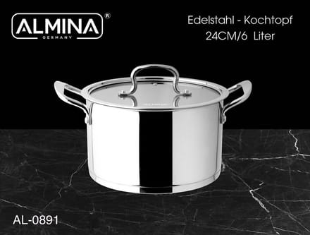 Almina Kookpan met Glazen Deksel - 24cm - 6L - Edelstaal - Zilver