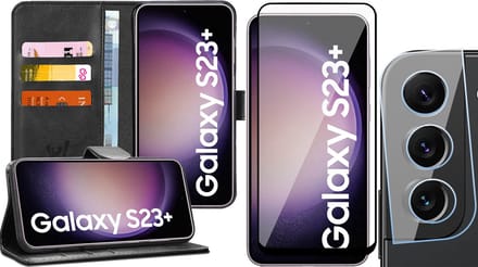 Hoesje geschikt voor Samsung Galaxy S23 Plus - Screenprotector FullGuard & Camera Lens Screen Protector - Book Case Kunstleer Pasjeshouder Zwart