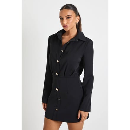 boohoo Dames Gouden Knop Getailleerd Overhemd Mini-Jurk | Zwart | Maat: 36