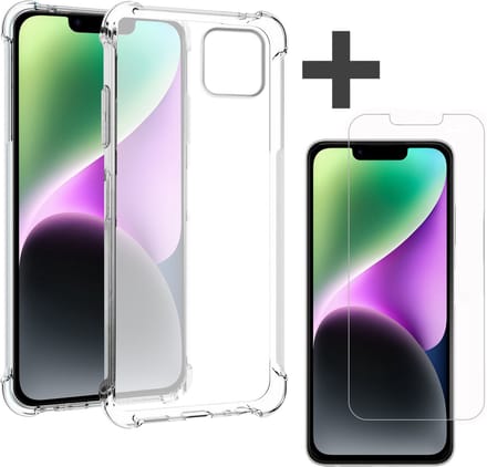 iPhone 14 Hoesje transparant anti shock backcover + iPhone 14 Screenprotector gehard glas tempered glass