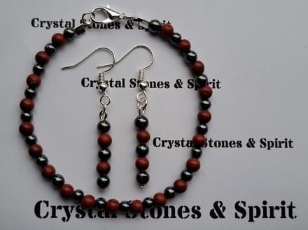 Set Jaspis Rood / Hematiet Armband en Oorbellen 4 mm hang