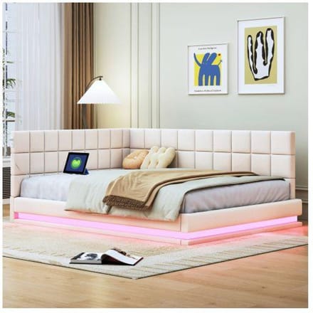 Lit rembourré Canapé-lit 140*200 Lit multifonctionnel avec barre lumineuse LED, prise USB et sommier à lattes