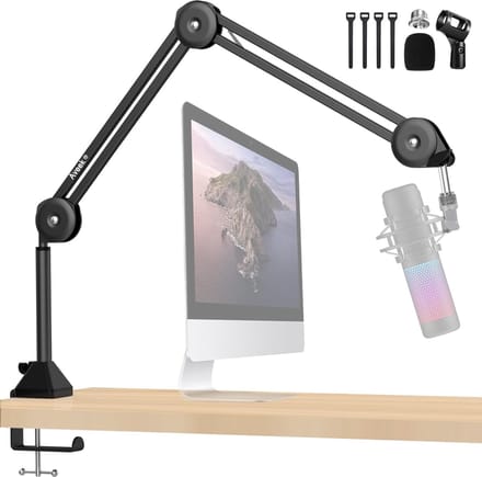 Overheadmicrofoonarm, bureaumicrofoonstandaard Microfoonhouder met verwijderbare stijgbeugelklem 3/8"-5/8" adapter Microfoonclip Kabelbinderfilter