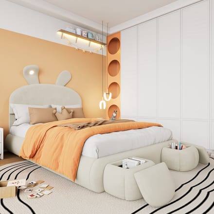 OKWISH Gestoffeerd Kinderbed - 140x200 - Hydraulisch Bed Met Hasenoren Ontwerp - Fluweel - Beige
