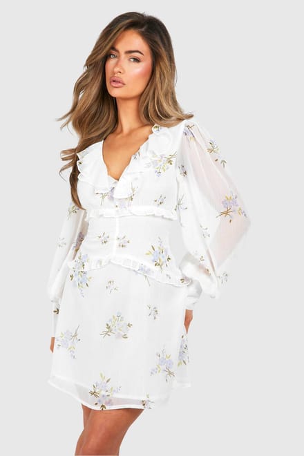 boohoo Dames Florale Chiffon Ruffle Minijurk | Bloemen | Maat: 36