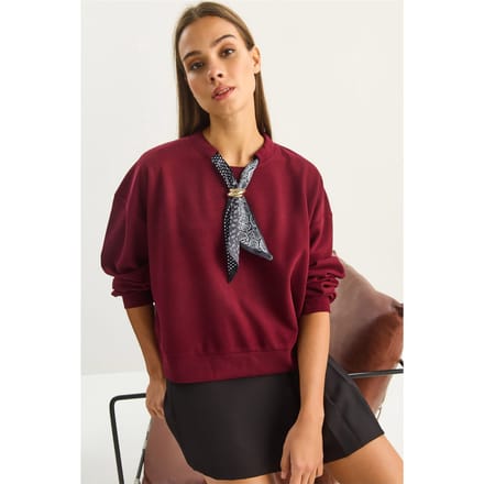 Ronde Hals Geribd Sweatshirt met Sjaal Accessoire Detail