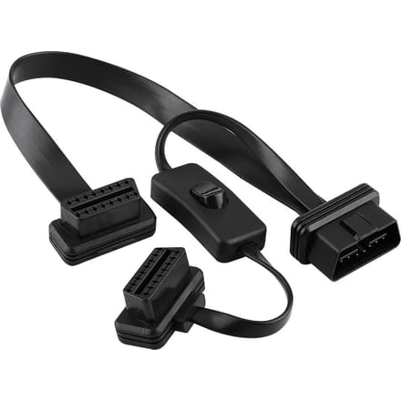 16-pins mannelijk naar dubbel vrouwelijk OBD2 splitter platte verlengkabel adapter met schakelaar black