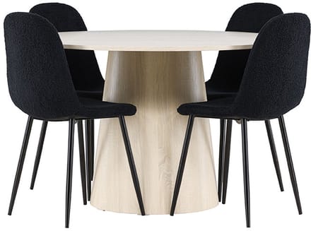 Lanzo eethoek tafel Ø120cm en 4 teddy stoelen whitewash.