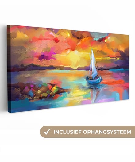 Canvas - Olieverf - Schilderij - Boot - Wolken - Kleuren - 80x40 cm - Interieur - Schilderijen op canvas