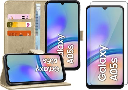 Hoesje geschikt voor Samsung Galaxy A05s - Screenprotector Glas - Portemonnee Book Case Goud