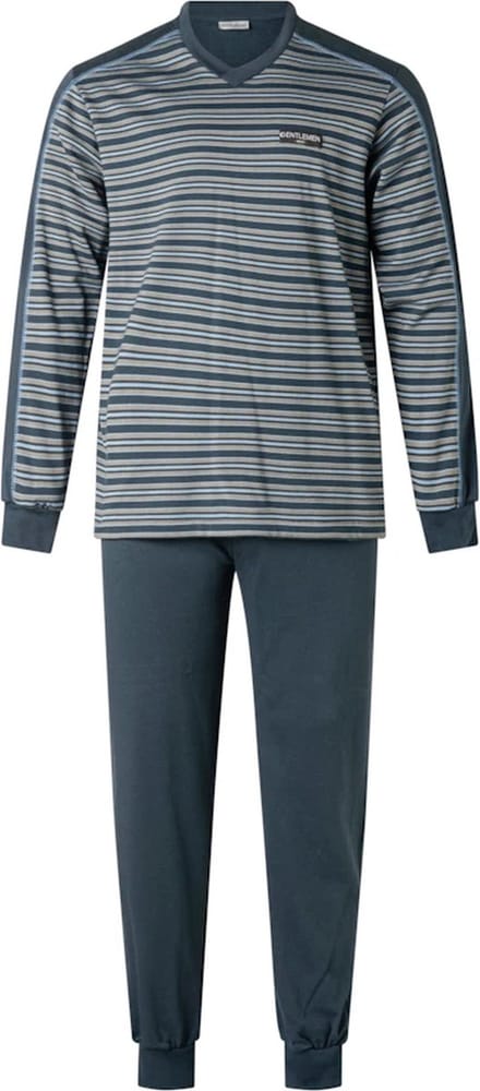 Gentlemen heren pyjama licht geruwd - maat M - V-hals - Fijnstreep marine/turquoise