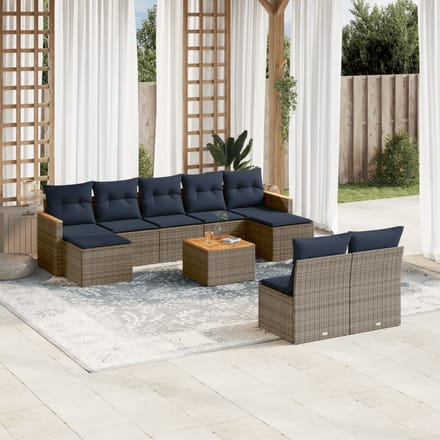 vidaXL - 10-delige - tuinbankset - met - kussens, - grijs - polyrotan