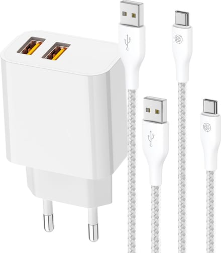 Usb Lader 2 Poorten + 2x usb naar usb C Kabel - 3 Meter usb-C Kabels - 10w Oplader - Universeel