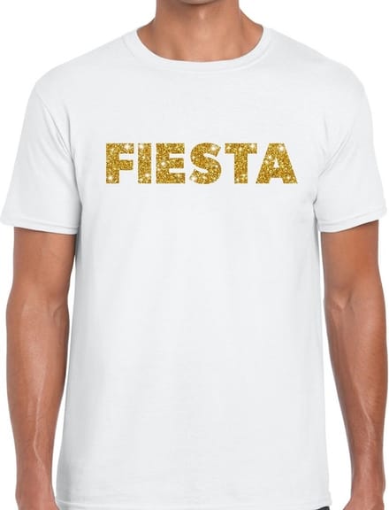 Fiesta goud glitter tekst t-shirt wit heren - heren shirt Fiesta S