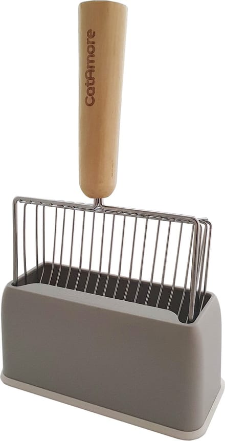 CatAmore Kattenbakschep Deluxe RVS incl. houder - super snel scheppen - comfortabele houten handgreep