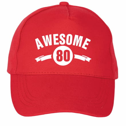 Mijncadeautje - 5 panel - Cap - Verstelbaar - Pet van 100% dik geborsteld katoen- unisex - opdruk wit - Awesome 80 jaar - rood