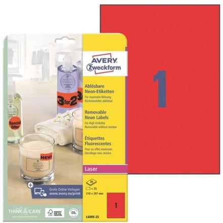 Laseretiket Avery 210x297mm 25 vel 1 etiket per vel neonrood