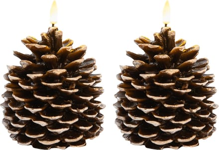 Anna's Collection LED dennenappel kaars - 2x - bruin - 12.5 x 10.5 cm - met timer