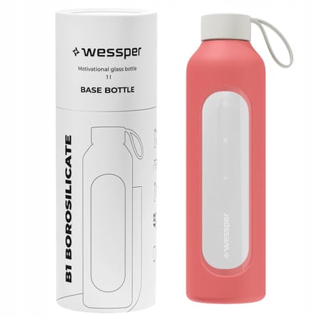 Glazen Motivatiefles 1000ml – Duurzame Waterfles in CORAL