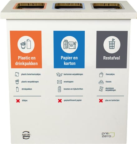 Kartonnen eco bin drie vakken - Plastic/drinkpakken - Papier/karton - Rest - 60 L prullenbak | Andere bedrukking mogelijk - Kartent