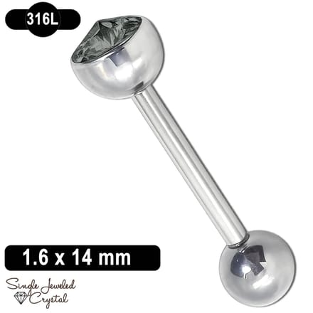 Tongpiercing - 1.6 x 14 mm - 316L Chirurgisch Staal - Barbell - Cone Kristal - Grijs