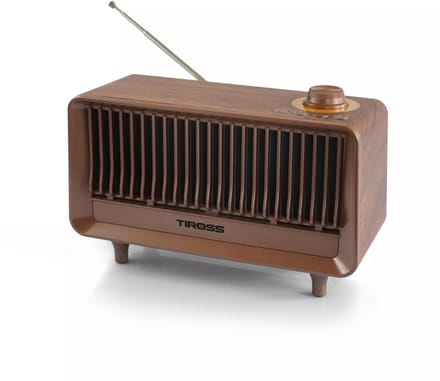 TIROSS Draagbare noodradio met fm, bluetooth, usb en accu in compacte houtlook behuizing