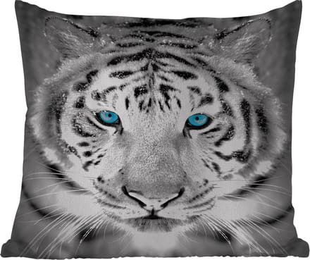 Sierkussen Buiten - Dieren - Tijger - Ogen - Blauw - Zwart wit - 60x60 cm - Weerbestendig