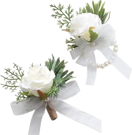 2x Witte Bruiloft Corsage Set - Boutonniere voor Bruidegom & Polsbloem voor Dames
