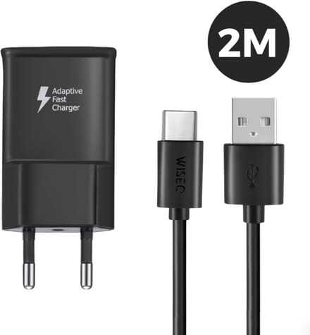 WISEQ Oplader voor Samsung inclusief USB C oplaadkabel - 2 meter - Smart Fast Charger – zwart