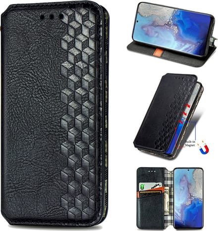 Luxe PU Lederen Ruitpatroon Wallet Case + PMMA Screenprotector voor Galaxy S20+ (4G/5G) _ Zwart