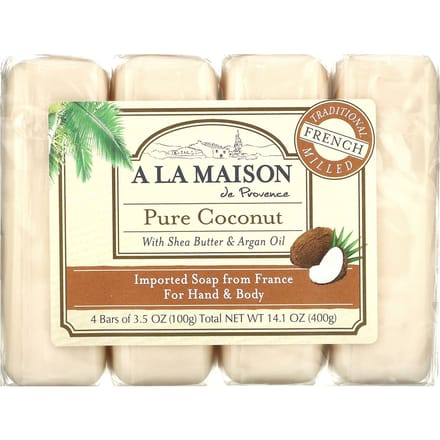 A La Maison de Provence, Savon en barre pour les mains et le corps, Noix de coco pure, 4 paquets, 3,5 oz chacun beige