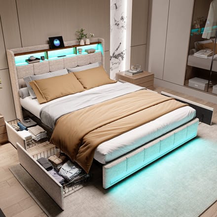 Tweepersoonsbed 140x190 cm Beige – Stoffen Bed, LED, 4 Lade, 2x USB + 1x Type-C, Opbergruimte