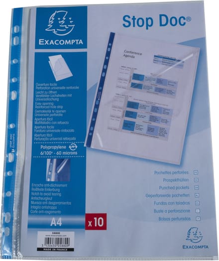 Exacompta 10x Stop Doc® Pak van 10 geperforeerde showtassen - hoekopening - gladde PP 6/100ste - A4 - Kleurloos - 5880E
