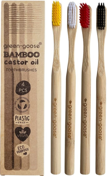 4 stuks | bamboe tandenborstel | KLEUR | medium | biologisch afbreekbaar & recyclebaar