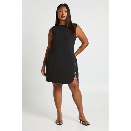 boohoo Dames Plus mouwloze gouden knoop shiftjurk | Black | Maat: 26