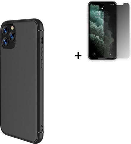 Hoesje Geschikt voor iPhone 11 Pro Max - Screenprotector iPhone 11 Pro Max - Siliconen - iPhone 11 Pro Max Hoes Zwart Case + Privacy Tempered Glass