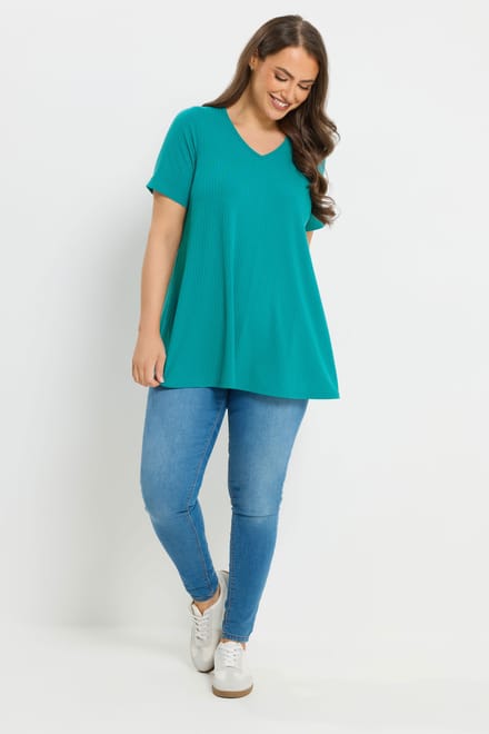 Yours Turkooisblauw Geribd Swing Vhals Tshirt Size 50-52