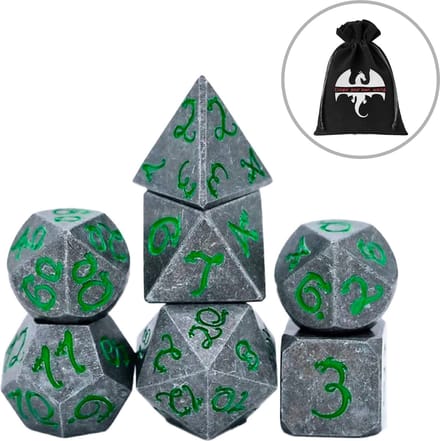 Lapi Toys - Dungeons and Dragons dobbelstenen - DnD - D&D - Polydice - 1 set (7 stuks) - Metaal - Grijs - Groen