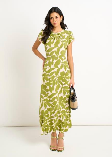 Groene maxi-jurk met elastische taille en bloemenkraag