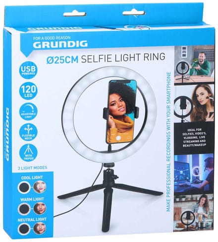 Grundig Ringlamp met Statief - Ringlight 25cm - TikTok Lamp LED - 14 Lichtstanden - USB - Tripod