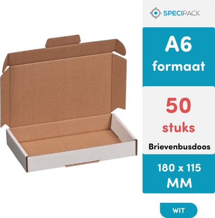 Specipack Brievenbusdoos A6 Wit - 50 stuks - Verzenddozen met Extra Sluiting - 180 x 115 x 30 mm - Postdozen