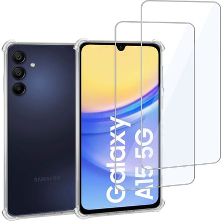 Geschikt voor Samsung Galaxy A15 - Hoesje + 2x Screenprotector – Gehard Glas Cover + Shock Proof Case – Transparant