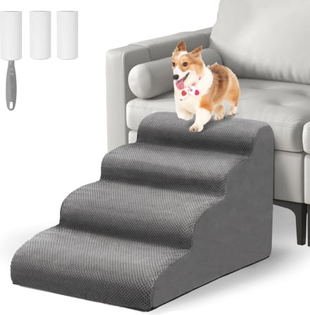 4 Steps Pet Stairs with Removable Cover for Sofa and Bed - Small Size with Wheel for Easy Removal.
