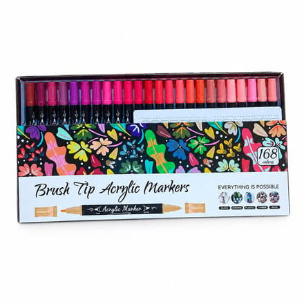 Set van 168 acrylmarkers met twee punten - penseelpunt - basisverpakking