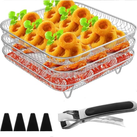 Airfryer Rack Set - Grill Dehydrator - Bakken Koken - 3-laags Stapelbaar - 20 x 20 cm - Zilver