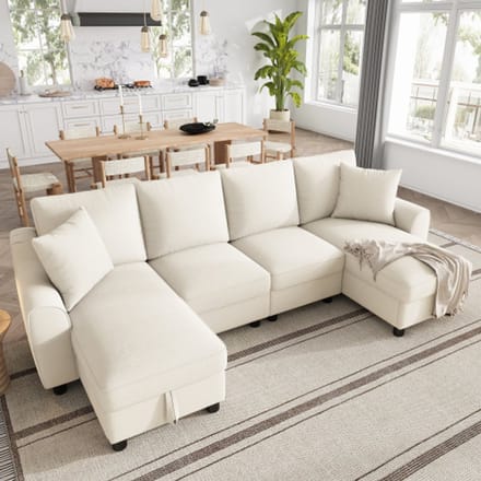 U Form Chenille Sofa 280cm - Ecksofa Mit 2 Chaiselongues Und Stauraum - Modulares Sofa Beige Modern