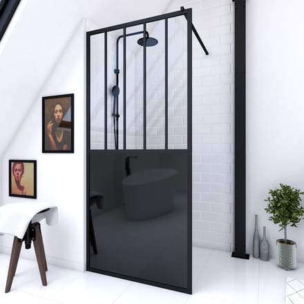 Paroi de douche 90x200 cm type Verriere - Verre trempe et Structure aluminium noir mat