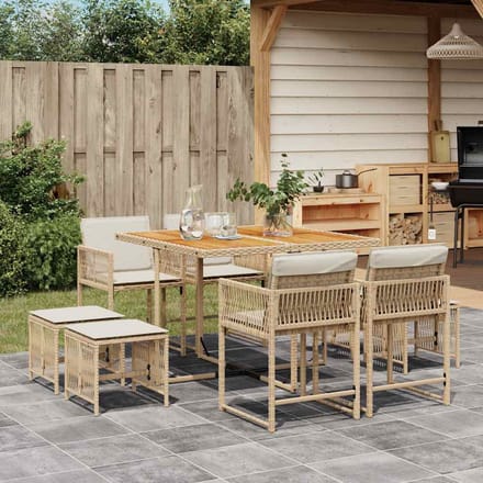 vidaXL - 9-delige - Tuinset - met - kussens - poly - rattan - beige