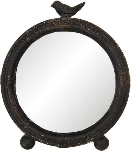 Clayre & Eef Staande Spiegel 26x30 cm Bruin Ijzer Hout Rond Vogel Tafel Spiegel
